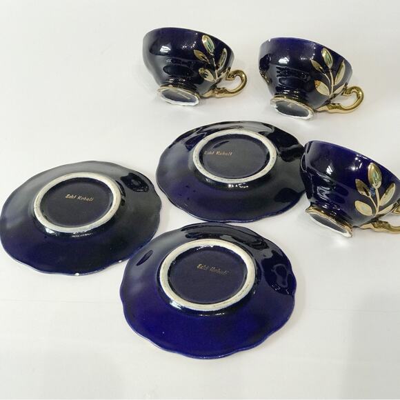 Reichenbach Geschenke Three Tea Cup Plate Set Echt Kobalt Gold Filigree Mocha - Picture 7 of 15